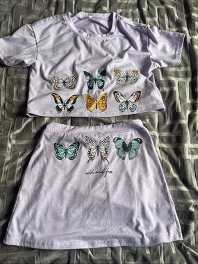 Kids Lavender Butterfly Crop Top & Skirt Set